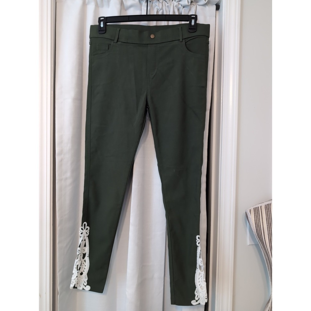 Amaryllis Khaki Green Women's Pants Lace Ankle Detail Size XL Boho Cottagecore